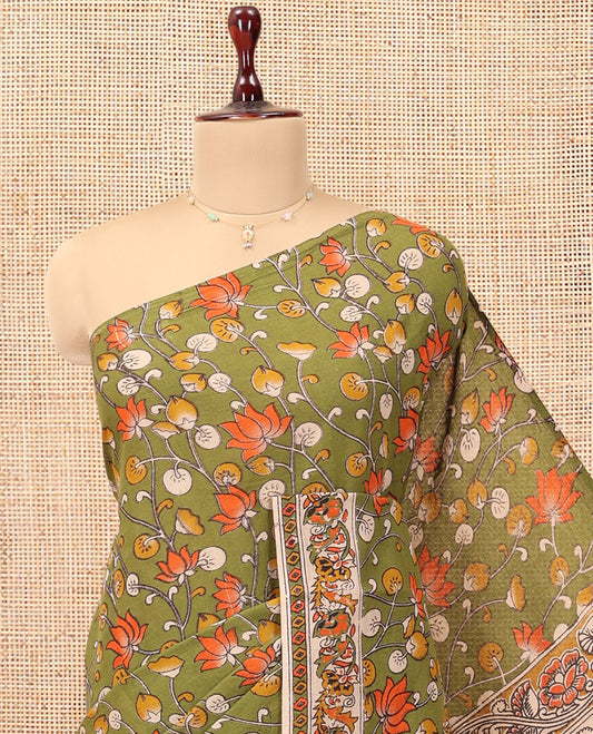 Green Kalamkari Cotton Saree, Adorned with Floral Vine Print, Contrast Printed Border, Kalamkari Ancient Human Motifs Pallu, and a Contrast Blouse