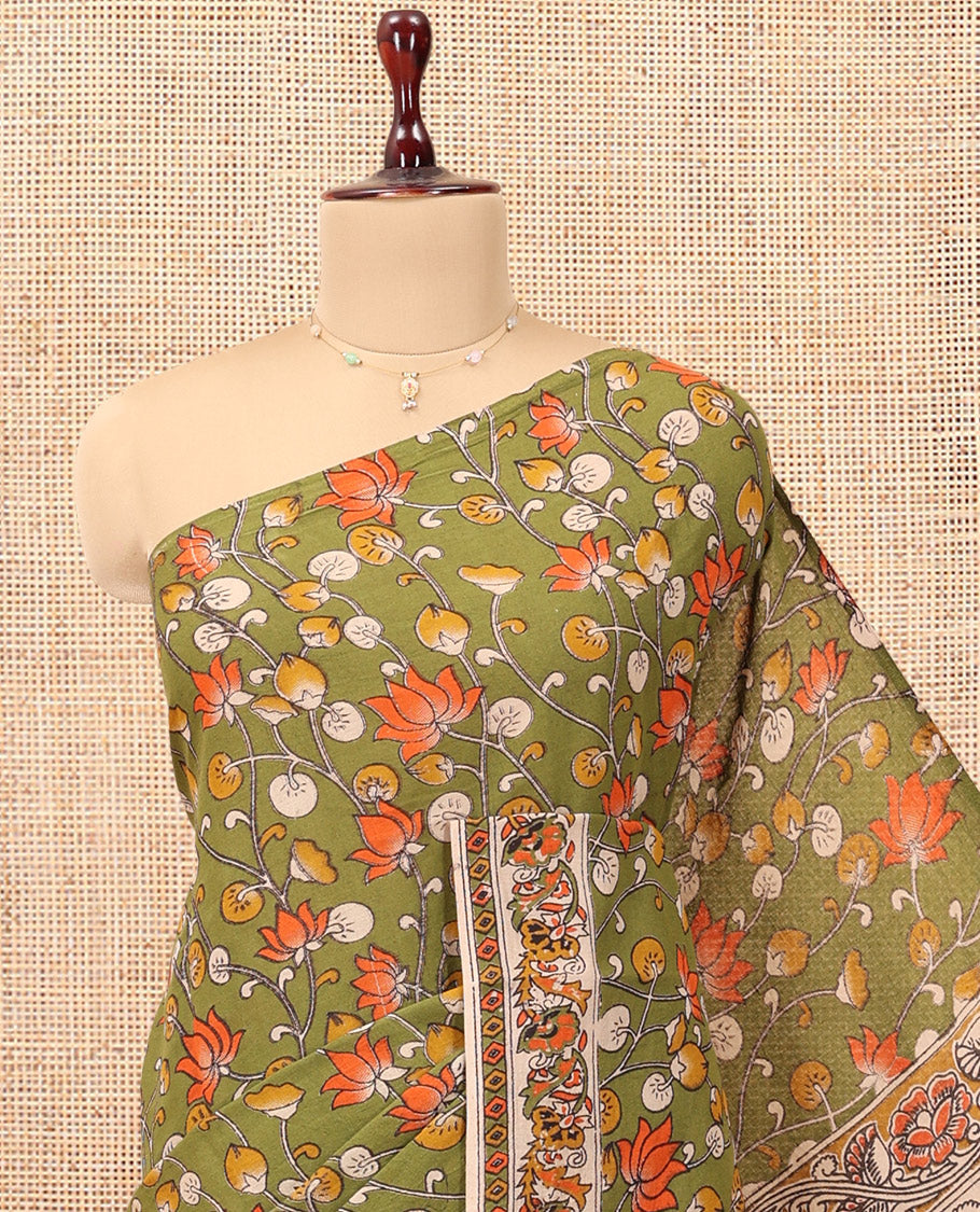 Green Kalamkari Cotton Saree, Adorned with Floral Vine Print, Contrast Printed Border, Kalamkari Ancient Human Motifs Pallu, and a Contrast Blouse