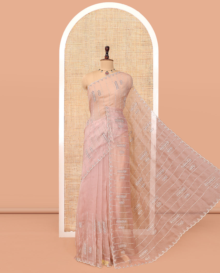 Peach Swarovski and Meena Stonework Organza Designer Saree with Scallop Border, Matching Blouse