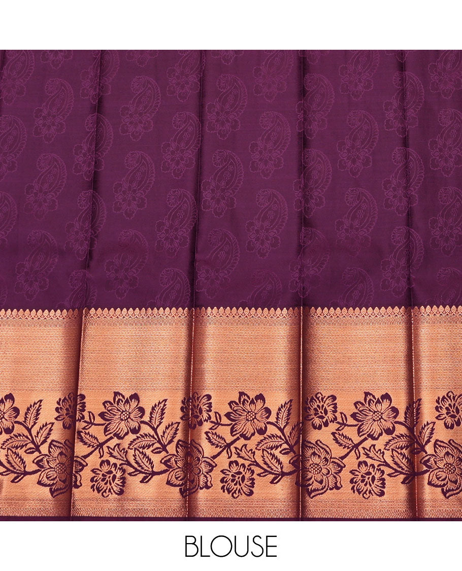 Peach Budget Silk Saree, Ornamented with Paisley Jacquard, Complemented by Contrast Traditional Zari Border, Intricate Pallu, and a Contrast Blouse
