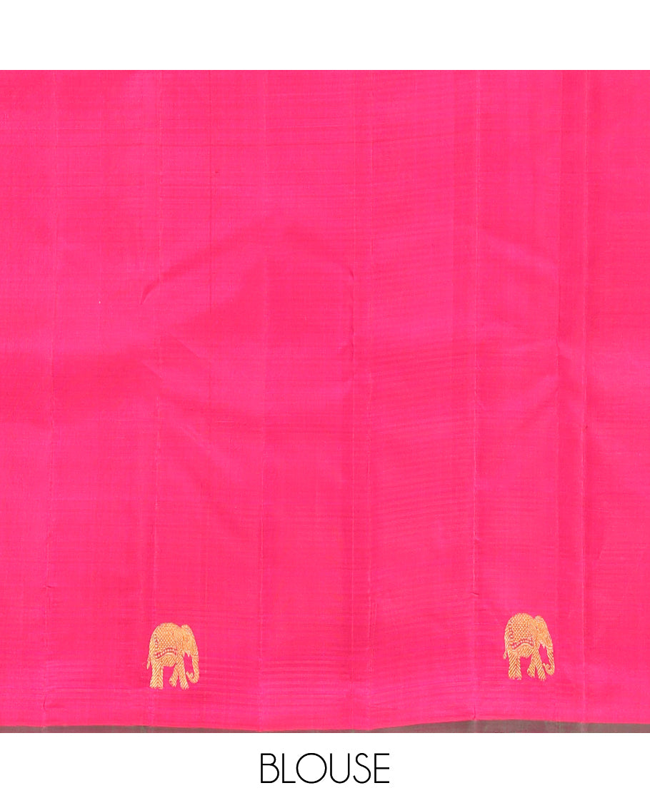 Borderless Orange-Pink Kasa-Kasa Checked Kanchipuram Silk Saree Adorned with Yaanai Buttas, Grand Pallu, and a Matching Blouse