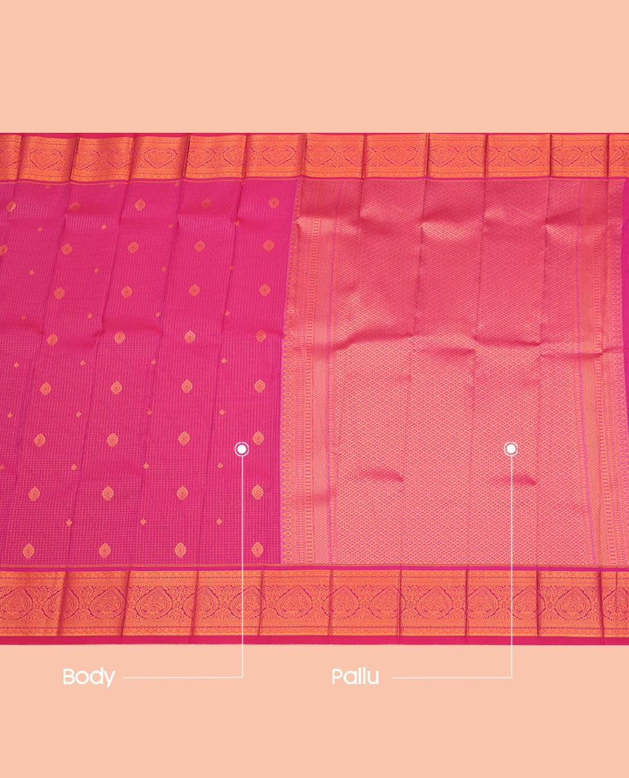 Pink Budget Silk Saree, Enthralled with Zari Buttas and Checks All Over Its Body, Highlighted by a Traditional Zari Design Border, Jaal Pallu, and Paired with a Matching Blouse