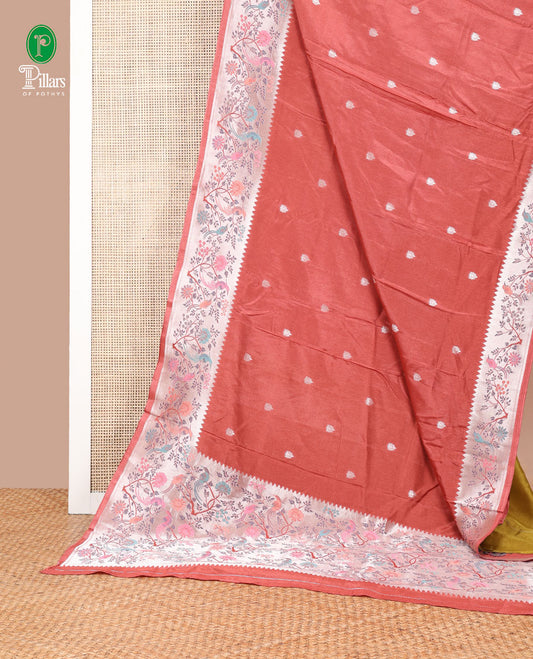 Rust pathick style design dola silk saree with parrot design border & pathick style pallu along with contrast blouse