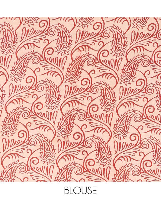 Red Machine-Printed Kalamkari Cotton Saree, Adorned with Musical Instruments and Floral Prints on Its Body, Contrast Printed Border, Pallu of Kalamkari Peacock Print, and Paired with a Printed Blouse