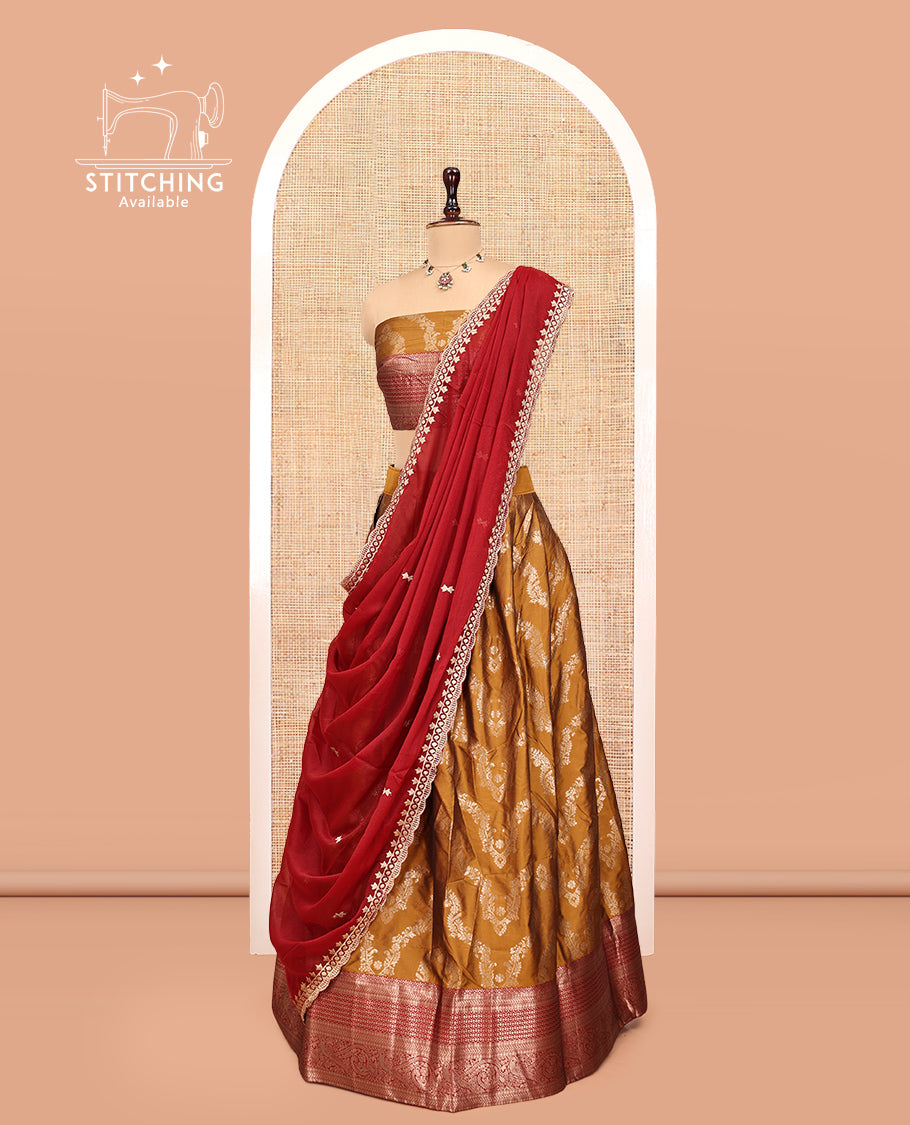 Mustard-Red Banarasi Half-Saree, Accentuated with Jacquard Design, a Contrast Traditional Zari Border, a Matching Blouse, and a Contrast Embroidered Dhavani