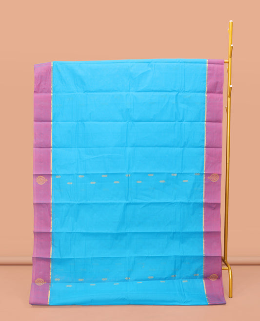 Blue Kanchi Cotton Saree, Adorned with Buttas on Its Body, Contrast Unique Motifs Border, Pallu of Intricate Design, and a Matching Blouse