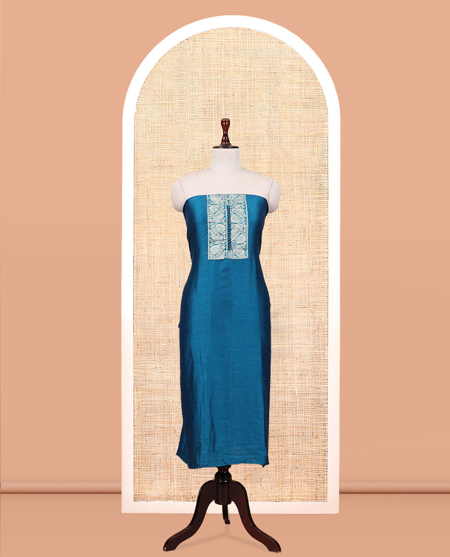 Peacock Blue Material Churidar Set Features Gold Zari Neck Work Top, a Plain Santoon Bottom, a Banarasi Dupatta