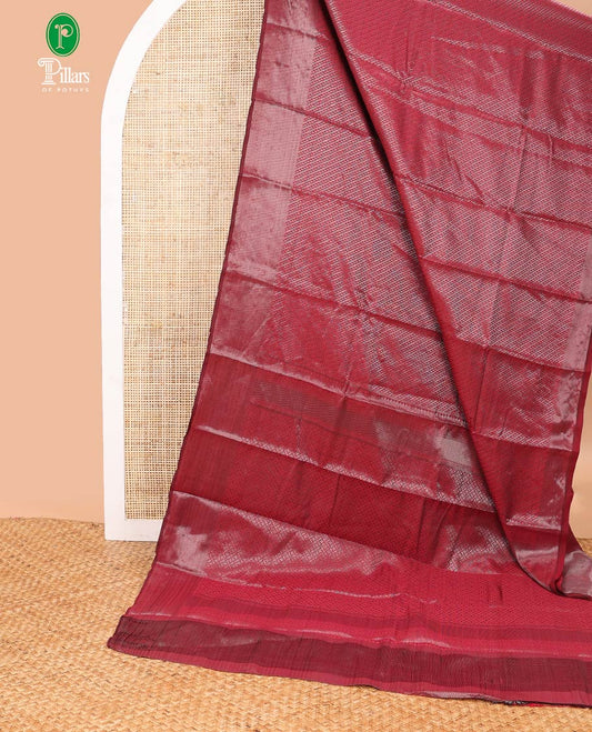 Maroon antique zari striped desig soft silk saree with self border & self pallu along with silver zari blouse