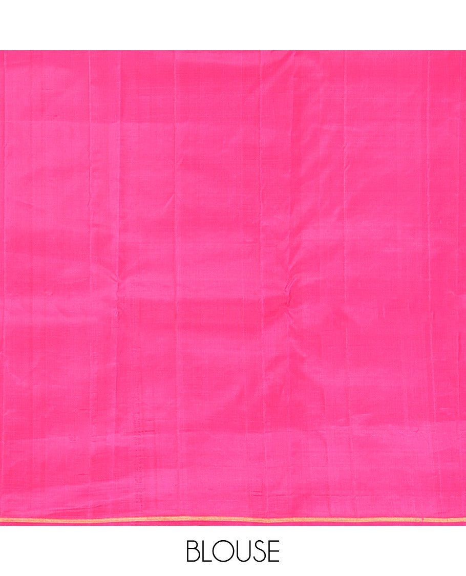 Borderless Blue Kanchipuram Silk Saree, Elevated with Zari Buttas and Zig-Zag Thread Stripes, Complemented by a Contrast Pallu of Zari Butta Enclosed Checked Designs, and Paired with a Contrast Blouse