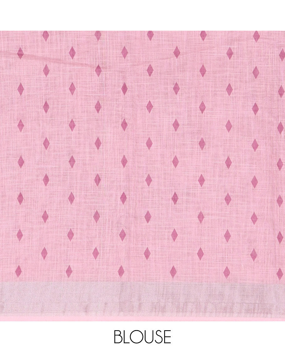 Pink Linen Cotton Saree, Beautified with Floral Leaf Motifs Printed on Its Body, Subtle Bavanji Border, Pallu Features Floral Print and Stripes, and Paired with a Matching Blouse