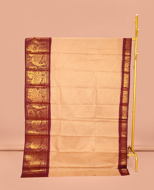 Sandal Sungudi Cotton Saree, Subtly Sparkled with Zari Checks on Its Body, Complemented by a Contrast Traditional Zari Border of Big Peacocks, Zari-Striped Pallu, and Paired with a Contrast Blouse
