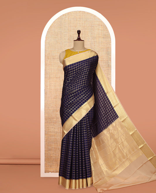 Blue Zari-Checked Mysore Silk Saree, Complemented by a Contrast Traditional Zari Border, Grand Pallu, and a Contrast Blouse