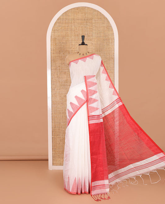 Half-white and red plain khadi mul cotton saree, contrast thread temple border, plain pallu, and a contrast plain blouse