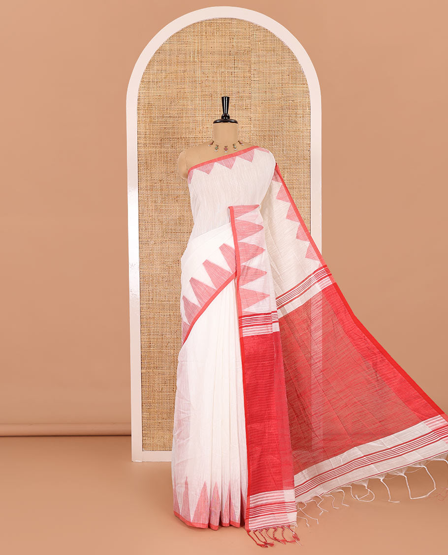 Half-white and red plain khadi mul cotton saree, contrast thread temple border, plain pallu, and a contrast plain blouse