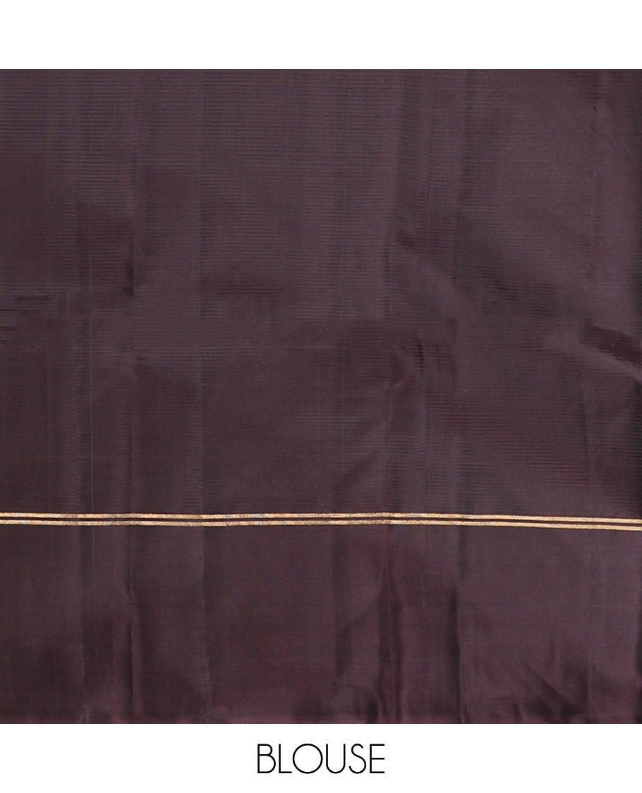 Pink Kanchipuram Silk Saree, Sparsely Threaded with Stripes and Muniya Buttas, Complemented by Contrast Border, Zari-Checked Pallu, and Contrast Blouse