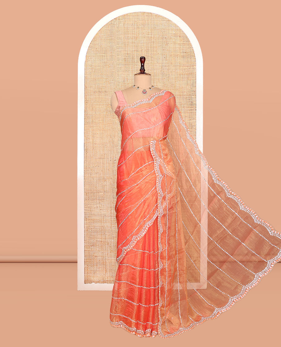 Dusky Peach Stone-Kardana Work Organza Designer Saree with a Scallop Embroidery Border, Matching Blouse