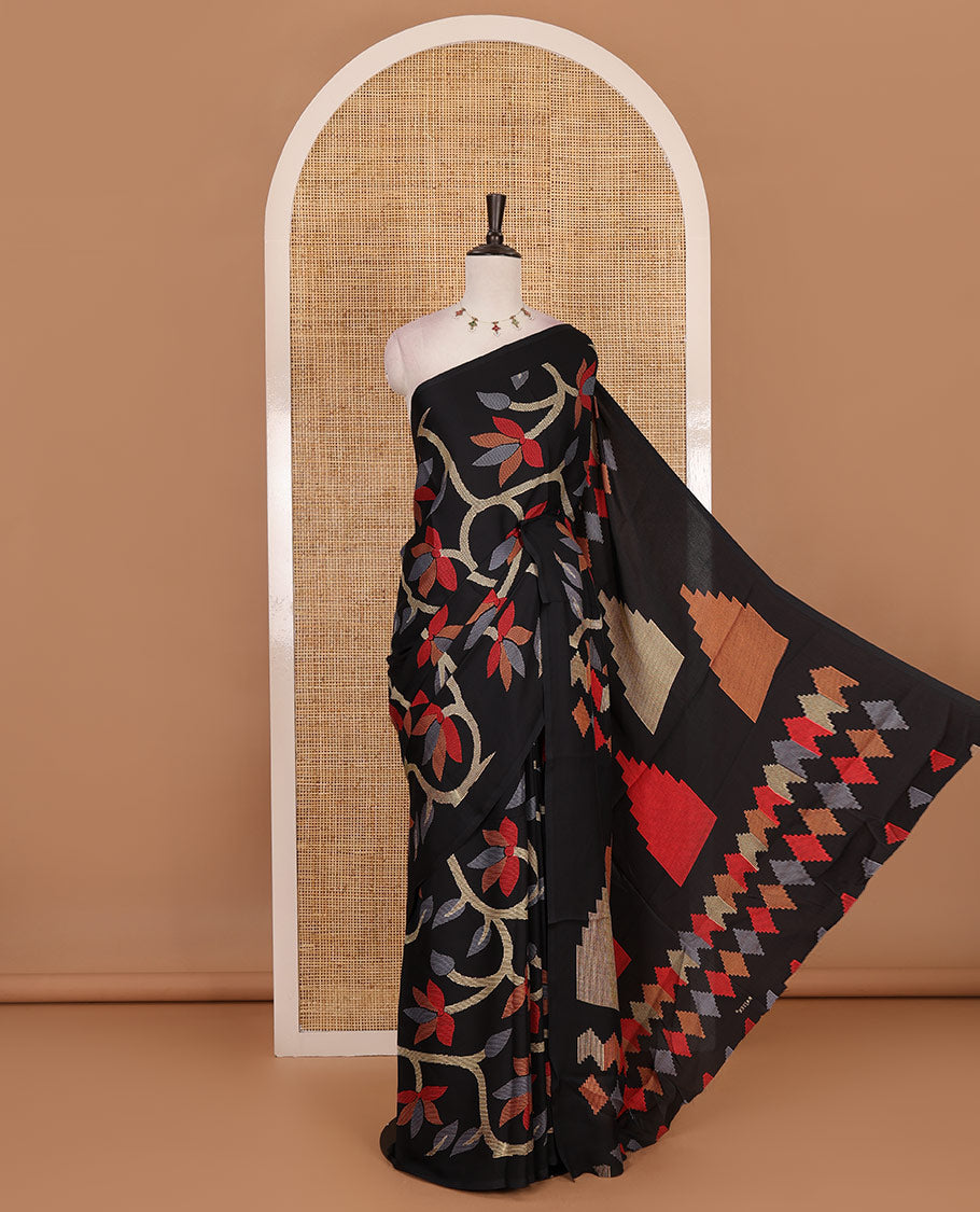 Borderless balck jamdani weaving design gajji silk saree and  jamdani design self pallu along with printed blouse