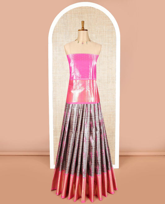Black checked, bird design art silk half saree with contrast zari design border, zari design blouse & floral design dhavani
