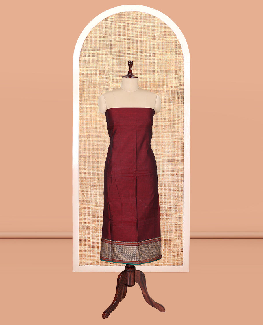 Maroon Mercerised Cotton Material Churidar Features Plain Top, Contrast Traditional Thread Border, Plain Bottom, Matching Dupatta