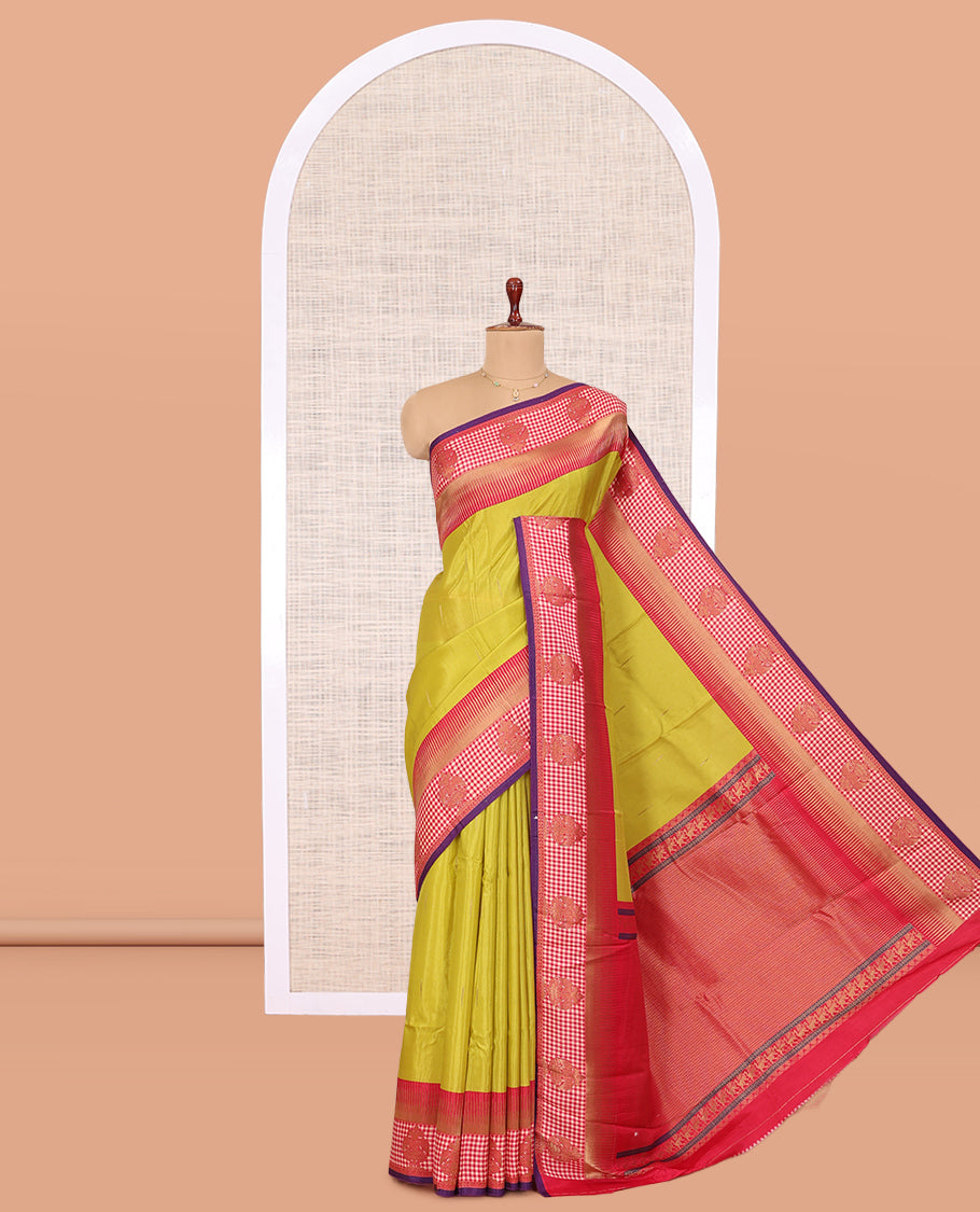 Parrot Green Raindrop Butta Semi-Mysore Silk Saree
