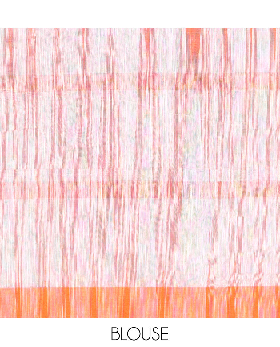 White-Orange Khadi Cotton Saree, Woven with Ikat Buttas, Contrast Blouse, Ikat Pallu, Matching Blouse
