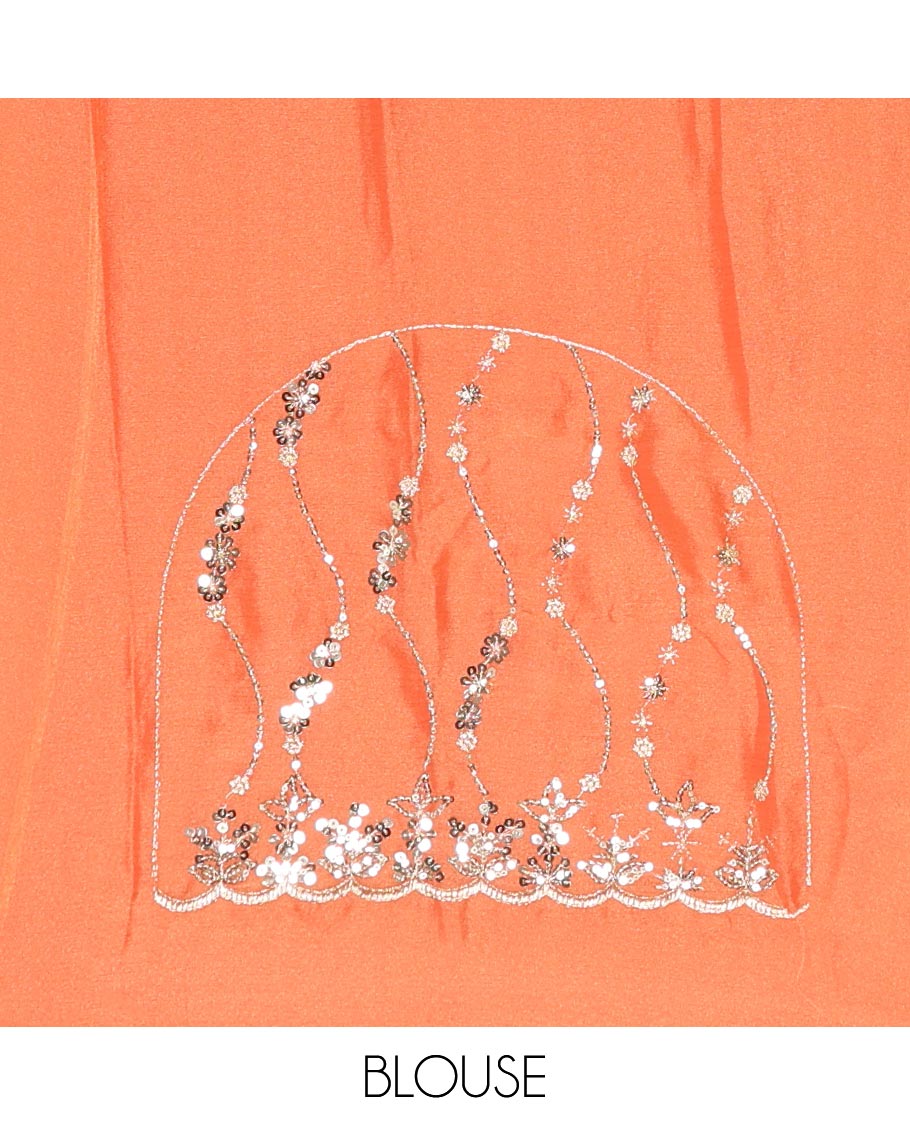 Orange Shimmer Chiffon Saree Elegantly Accentuated with Sequins and Thread-Woven Ogee Patterns All Over the Body, Featuring a Scalloped Sequins Work Border, and Paired with a Matching Blouse Embellished with Sequins Work
