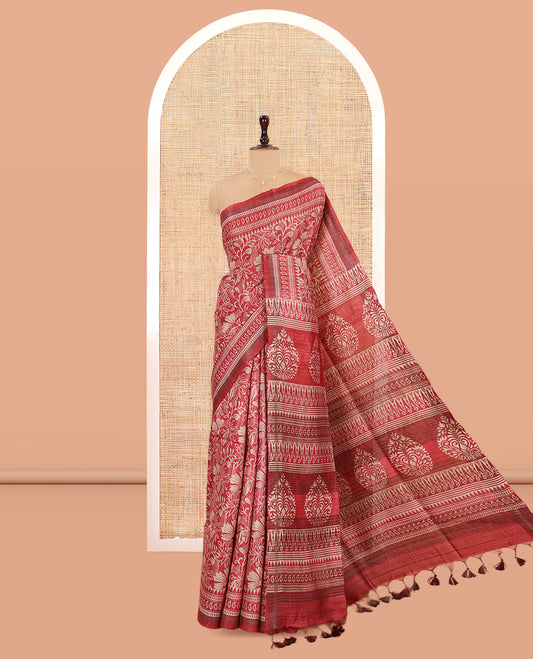 Red Tussar Saree, Crafted with Floral Print, Geometric Printed Border, Intricate Pallu, and a Matching Blouse