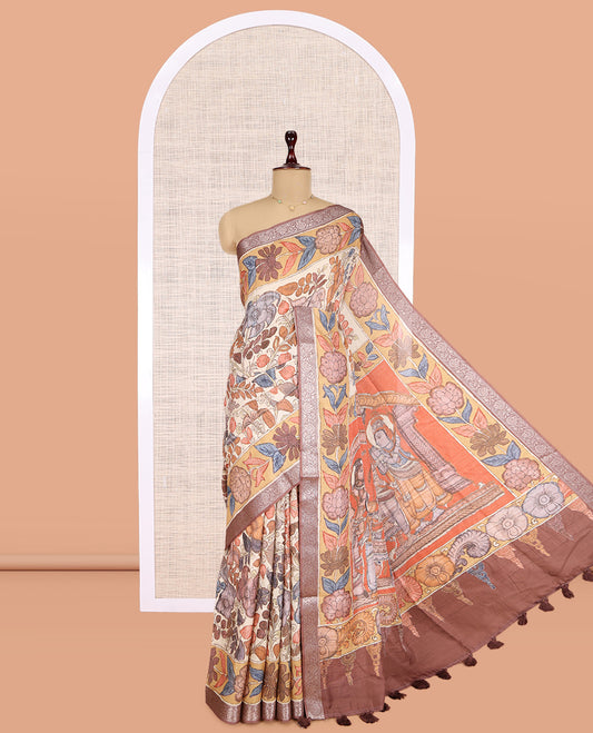 Off-White Kalamkari Printed Fancy Tussar Saree