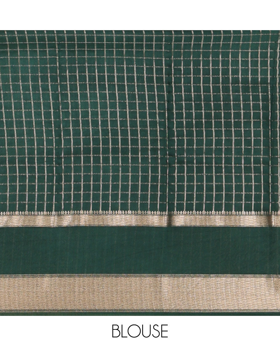 Grey Assam Silk Saree Subtly Sparkled with Micro-Checks, Complemented by Captivating Contrast Zari-Decked Up Border, Gleaming Zari-Woven Pallu, and Paired with a Contrast Blouse