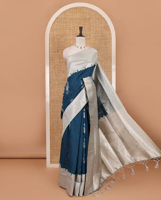 Blue silver zari manga buttas Elite soft silk saree, contrast traditional zari border, intricate zari pallu & contrast zari buttas blouse