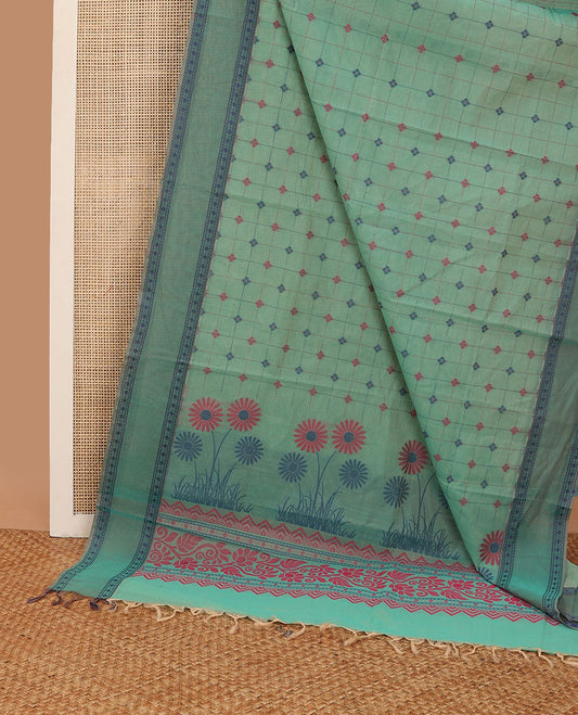 Sea green geometric design coimbatore cotton saree with contrast geometric design border & floral design pallu