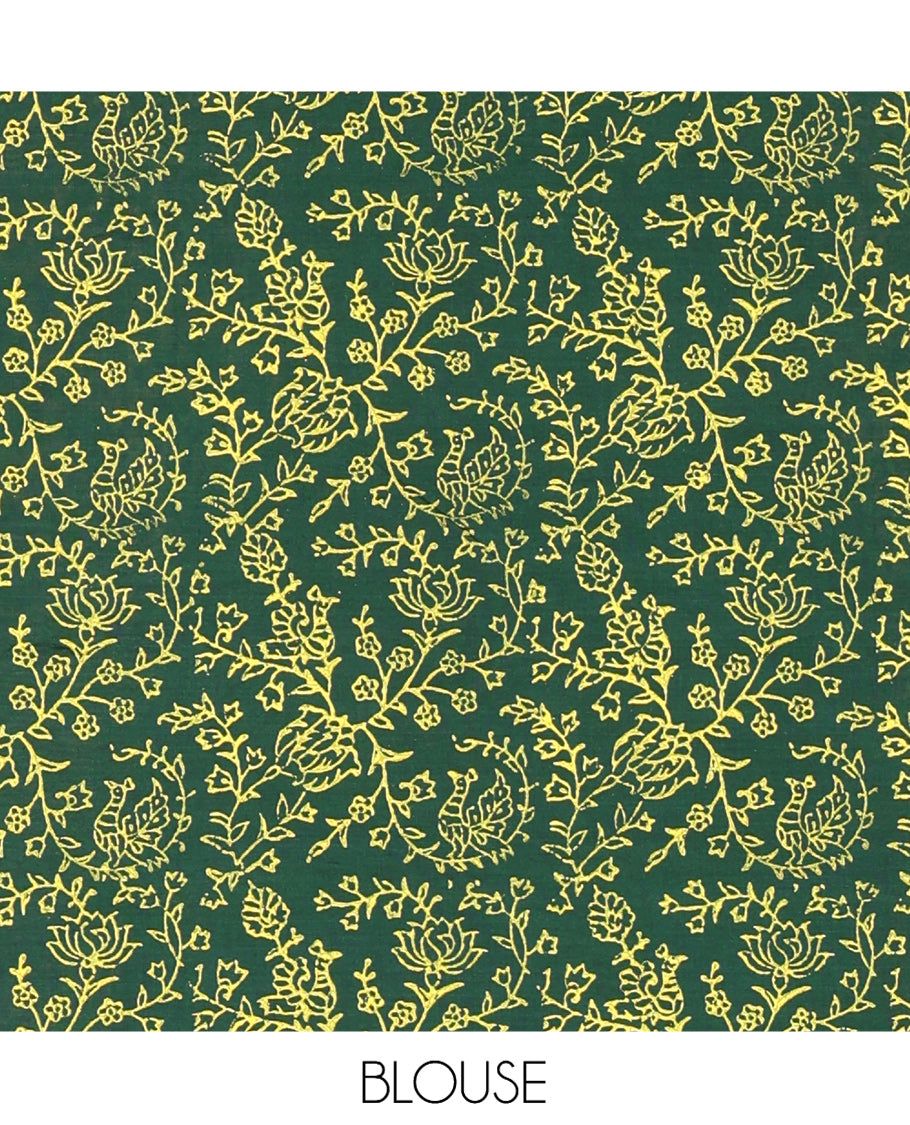 Borderless Chikku South Cotton Saree Features Floral Block-Printed Motifs, a Contrast Blouse