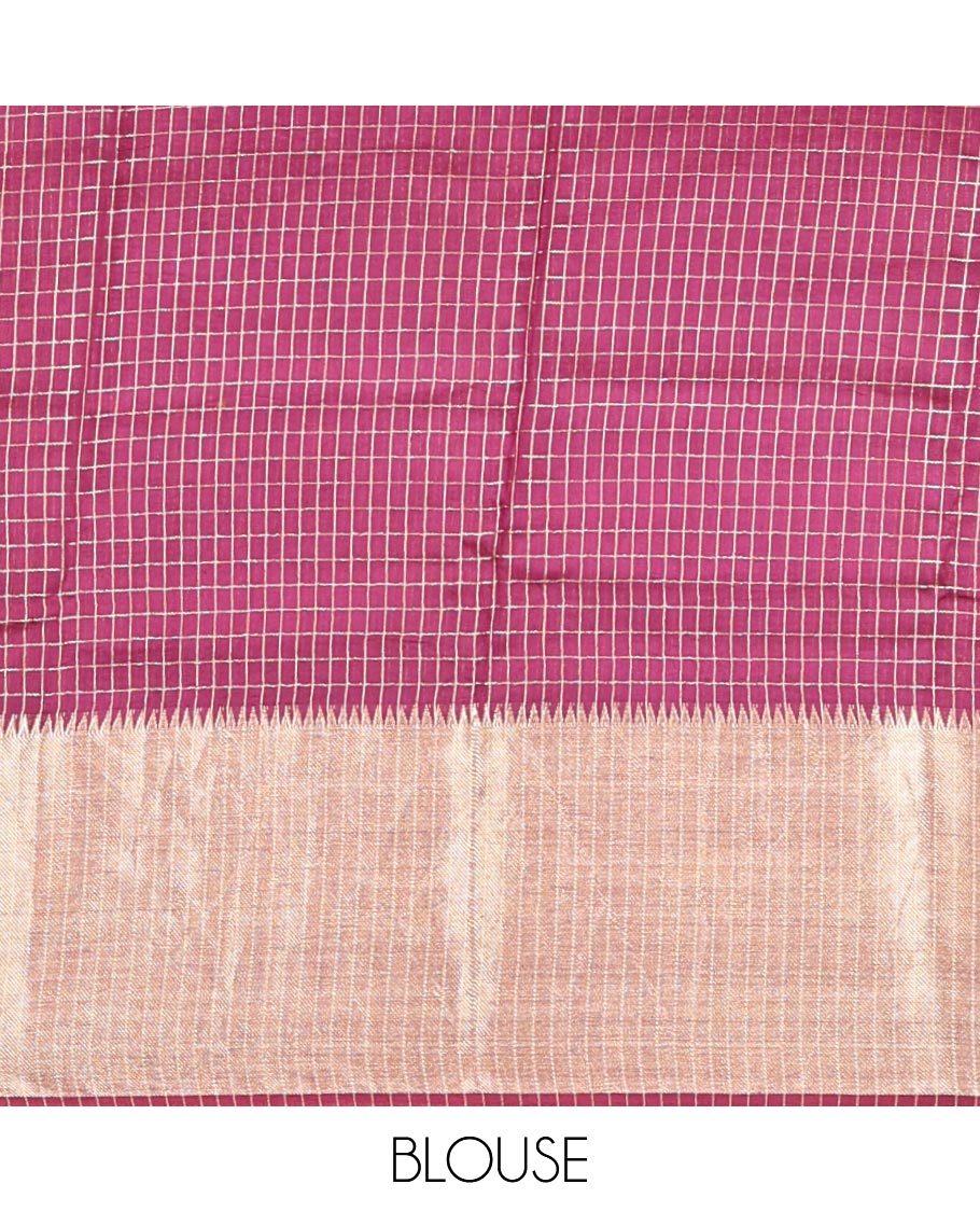Yellow Assam Silk Saree, Subtly Sparkled with Checks, Traditional Zari Border, Zari Striped Pallu, and a Contrast Blouse