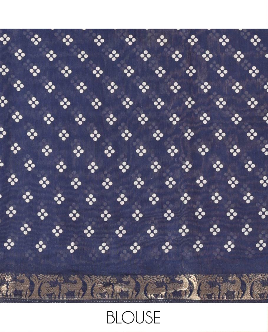 Blue Muslin Cotton Saree Adorned with Zig-Zag Shibori Patterns Prints, Complemented by a Contrast Border of Deer Motifs in Zari, Pallu Decked Up with Scenery Print, and Paired with a Contrast Polka Dots Printed Blouse