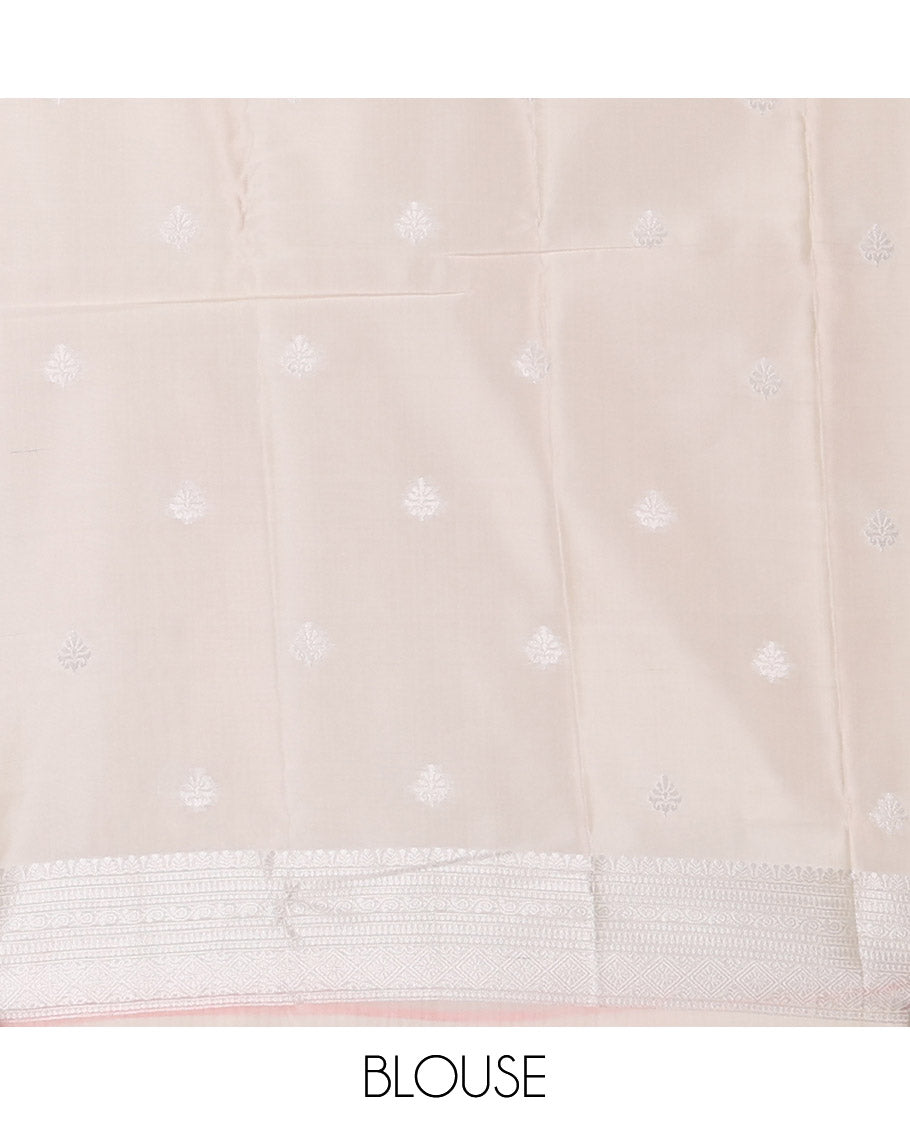 Off-white Elite Soft Silk Saree, Subtly Sparkled with Ogee Jacquard Design, a Traditional Zari Border, Zari Pallu, and a Matching Blouse
