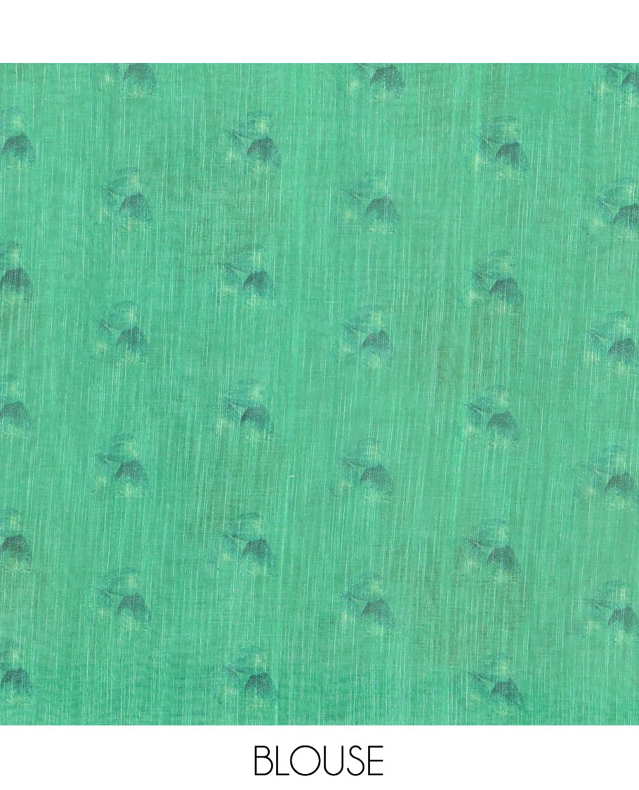 Cream Linen Cotton Saree, Artfully Printed with Stawberry Motifs All Over Its Body, Complemented by a Contrast Border, Checked Design-Printed Pallu, and Paired with a Contrast Blouse