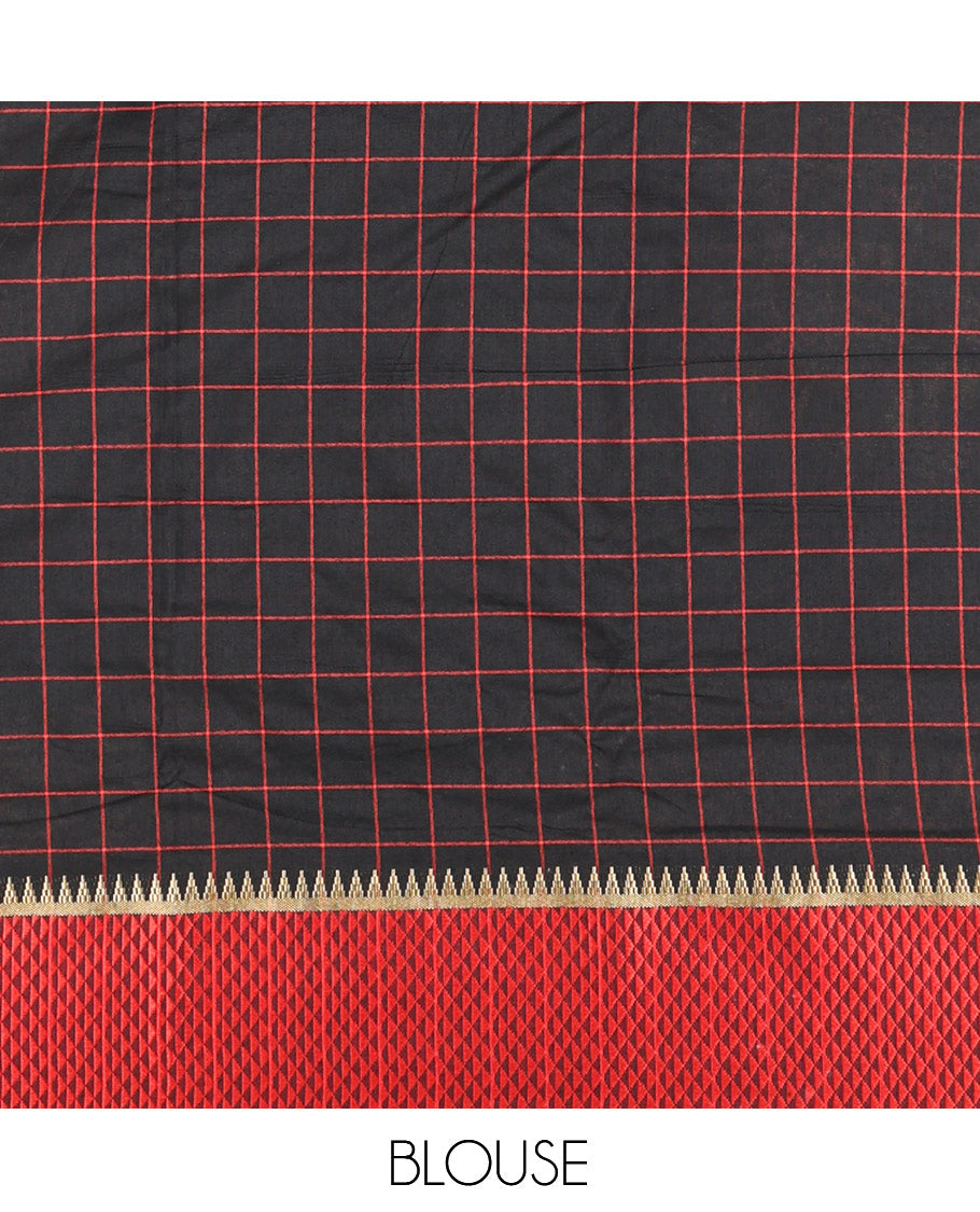 Black Checked Mercerised Cotton Saree, Contrast Temple Ara Maadam Border, Striped Pallu, and Matching Blouse