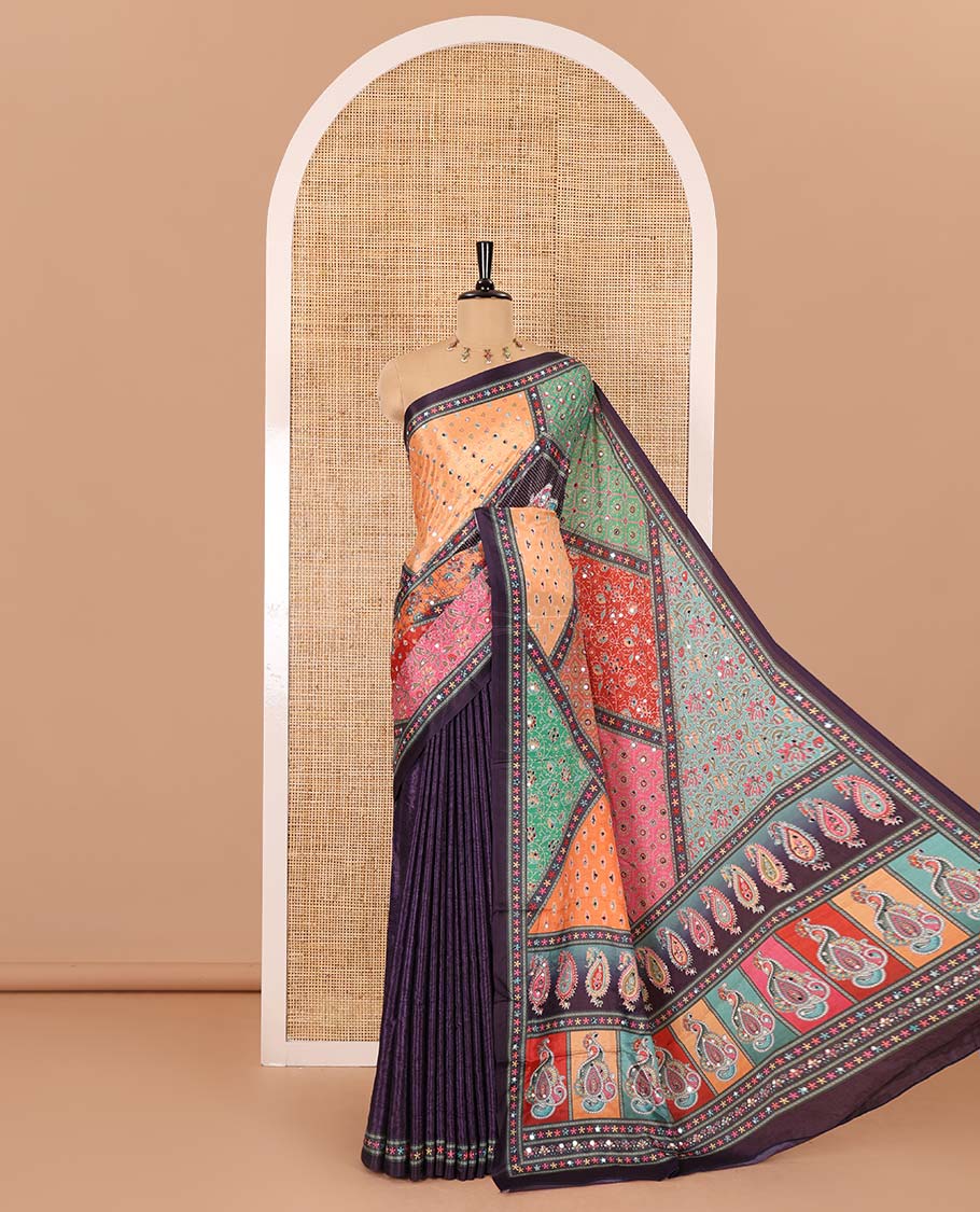 Purple geometric and paisleys printed with mirror work masakali saree, self-border, printed and mirror work pallu, and a matching blouse