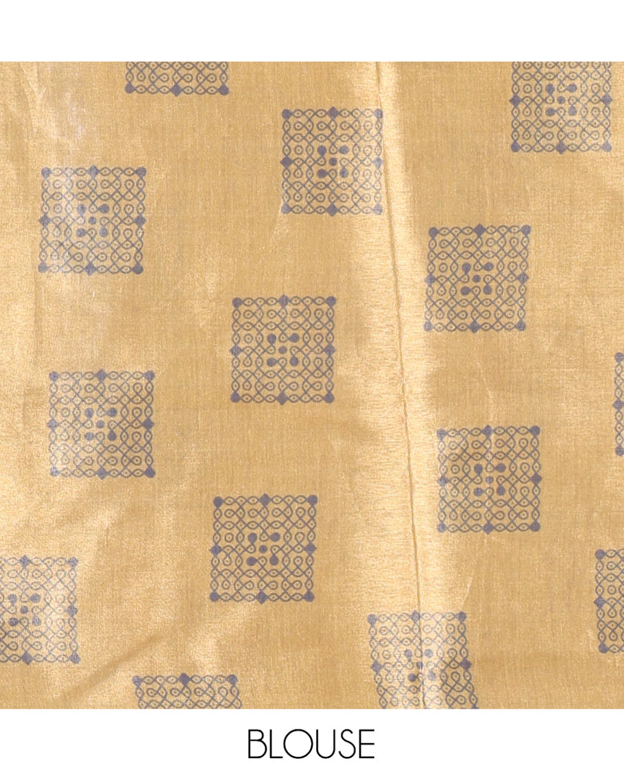Denim Blue Kerala Culture-Themed Tissue Saree Features a Girl, Banana Leaf, and Kolam Motifs, Contrast Border, and Blouse