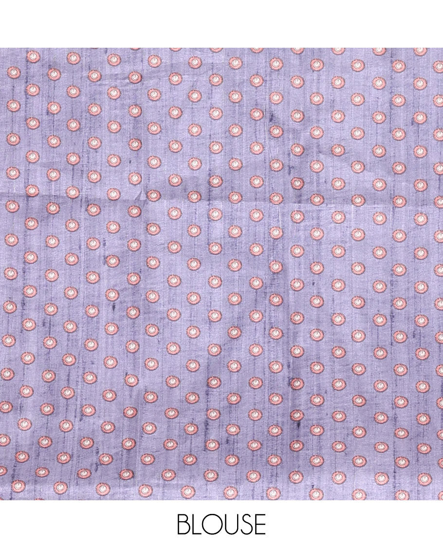 Chikku and Grey Plain Semi-Tussar Saree Accentuated with a Contrast Temple Kalamkari Floral-Printed Border, Featuring a Pallu Adorned with Kalamkari Peacock Print, Paired with a Printed Blouse