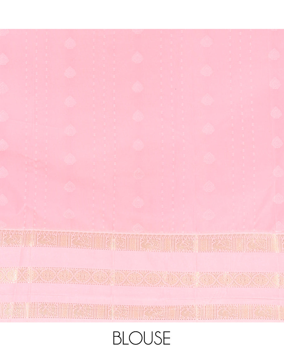 Coffee Brown and Light Pink Budget Silk Saree, Zari Buttas All Over Its Body, With Contrast Traditional Zari Border, Gleaming Grand Jaal Pallu, and Contrast Blouse