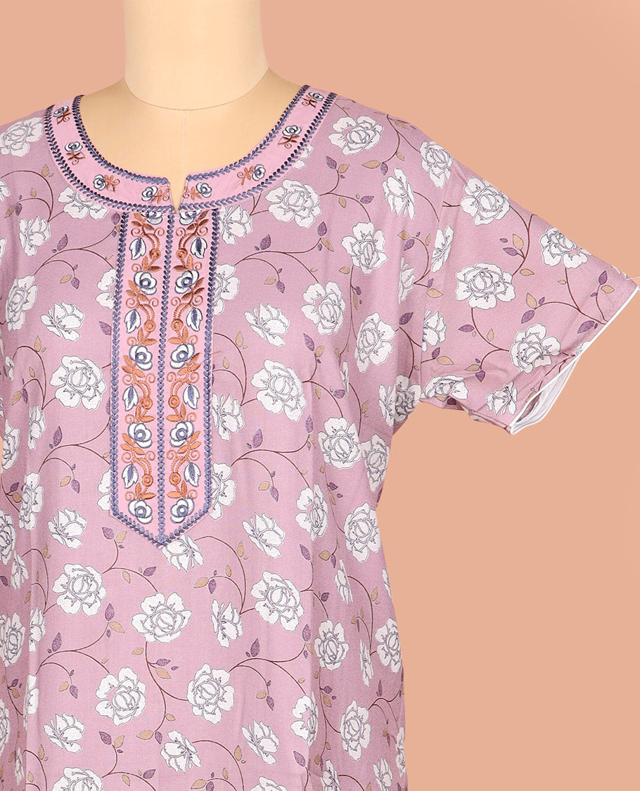 Pale Purple Cotton Nighty Adorned with Floral Vine Patterns Print, Featuring Neck Embroidery Work, Round Front Neck, and Half Sleeves