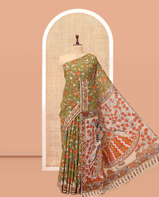 Green Kalamkari Cotton Saree, Adorned with Floral Vine Print, Contrast Printed Border, Kalamkari Ancient Human Motifs Pallu, and a Contrast Blouse