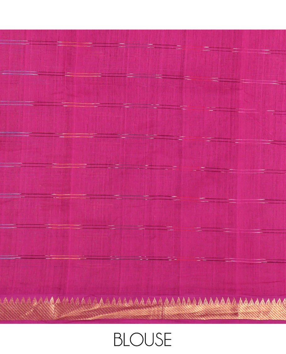 Mustard Checked Mangalgiri Cotton Saree, Complemented by Contrast Zari Temple Border, Zari-Striped Pallu, and Paired with a Contrast Blouse
