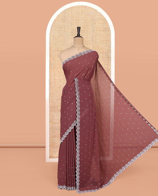 Dark Rosewood Pink Designer Saree, Decorated with Stones All Over Its Body, a Scallop Stone Work Border, and Matching Blouse