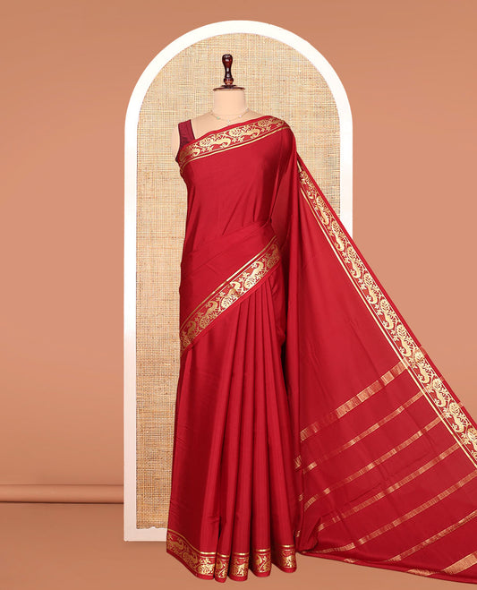 Red Plain Mysore Silk Saree, Finely Detailed with Traditional Zari Border of Peacock Designs, Pallu Woven with Zari Stripes, and Paired with a Matching Blouse