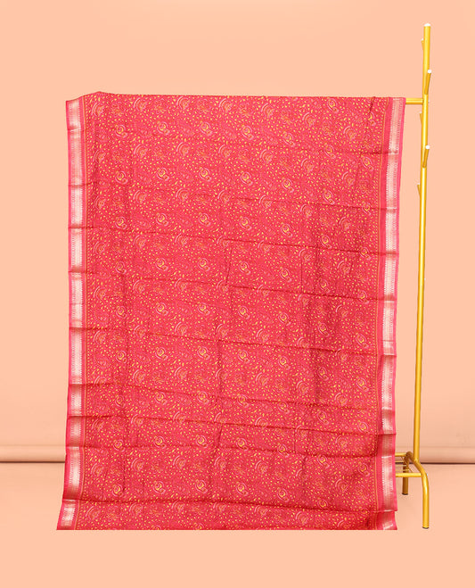 Red Mul Mul Cotton Saree Featuring a Floral-Paisley Print, a Subtle Traditional Border, a Floral-Printed Pallu, and a Matching Blouse