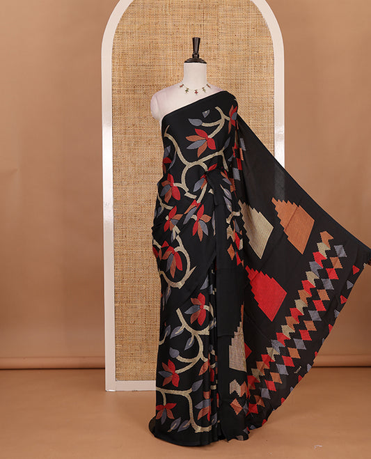 Borderless balck jamdani weaving design gajji silk saree and  jamdani design self pallu along with printed blouse