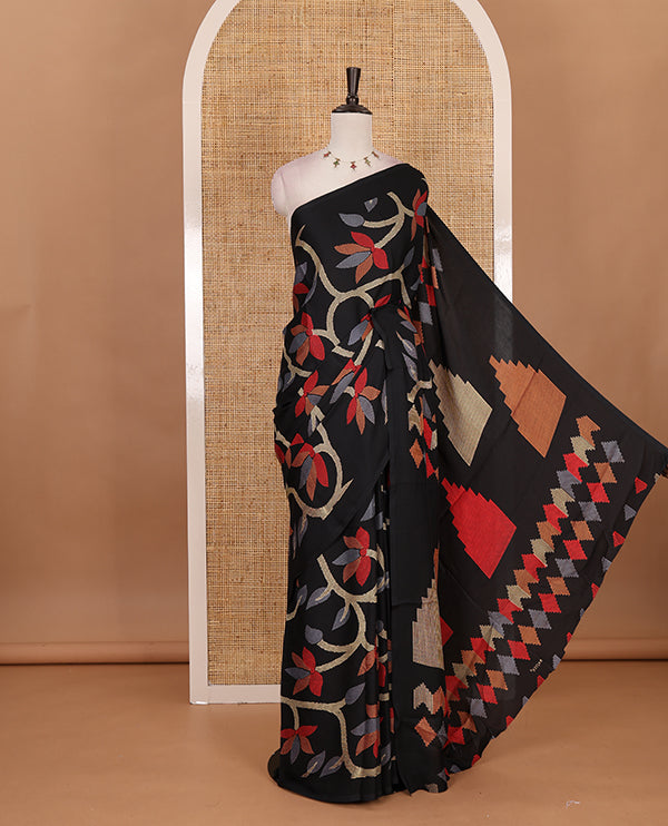 Borderless balck jamdani weaving design gajji silk saree and  jamdani design self pallu along with printed blouse