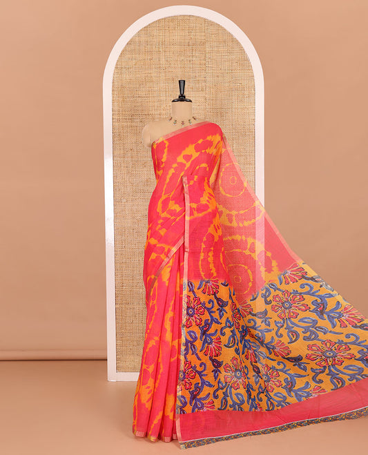 Borderless pink big circle shibori printed linen cotton saree, contrast sanganeri floral block printed pallu, and a contrast printed blouse